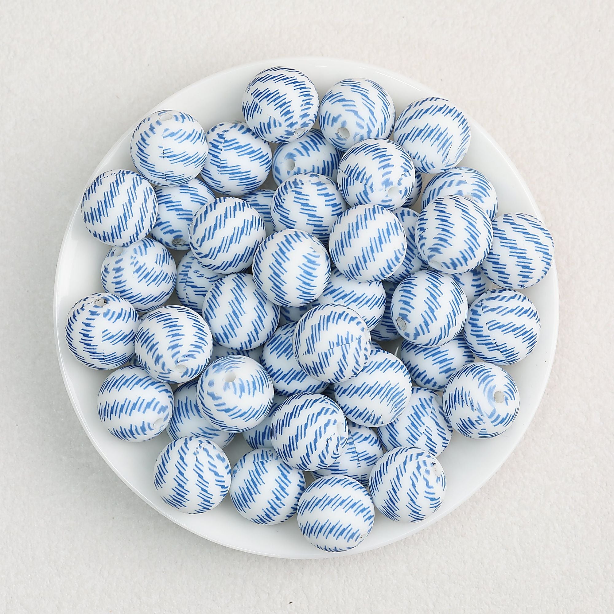 15mm Patterned Silicone Round Beads Geometric Printed Designs 50pcs - Blue Horse