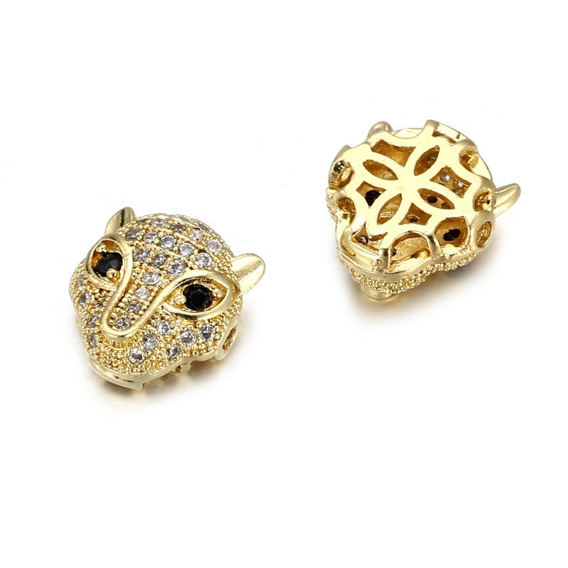 Brass Leopard Head Metal Beads 12mm Polished Cubic Zirconia 10pcs 6