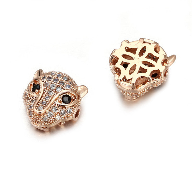 Brass Leopard Head Metal Beads 12mm Polished Cubic Zirconia 10pcs 8