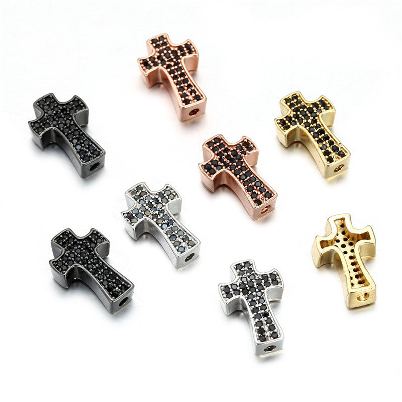 Brass Cross Metal Beads 14mm Punk Cubic Zirconia Pavé 10pcs
