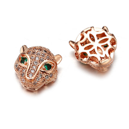 Brass Leopard Head Metal Beads 12mm Polished Cubic Zirconia 10pcs 12