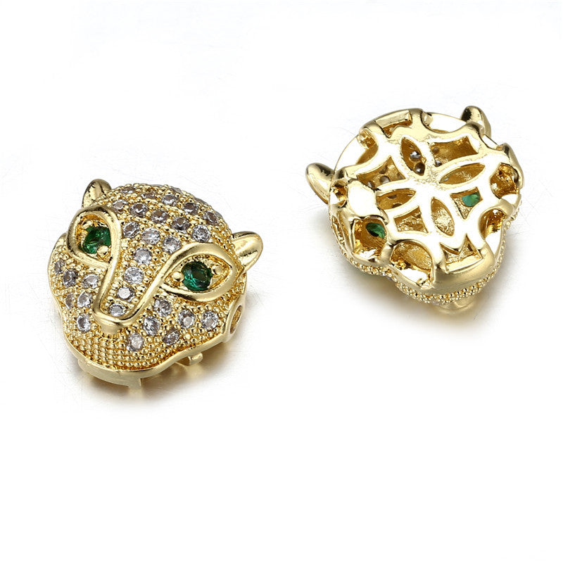 Brass Leopard Head Metal Beads 12mm Polished Cubic Zirconia 10pcs 10