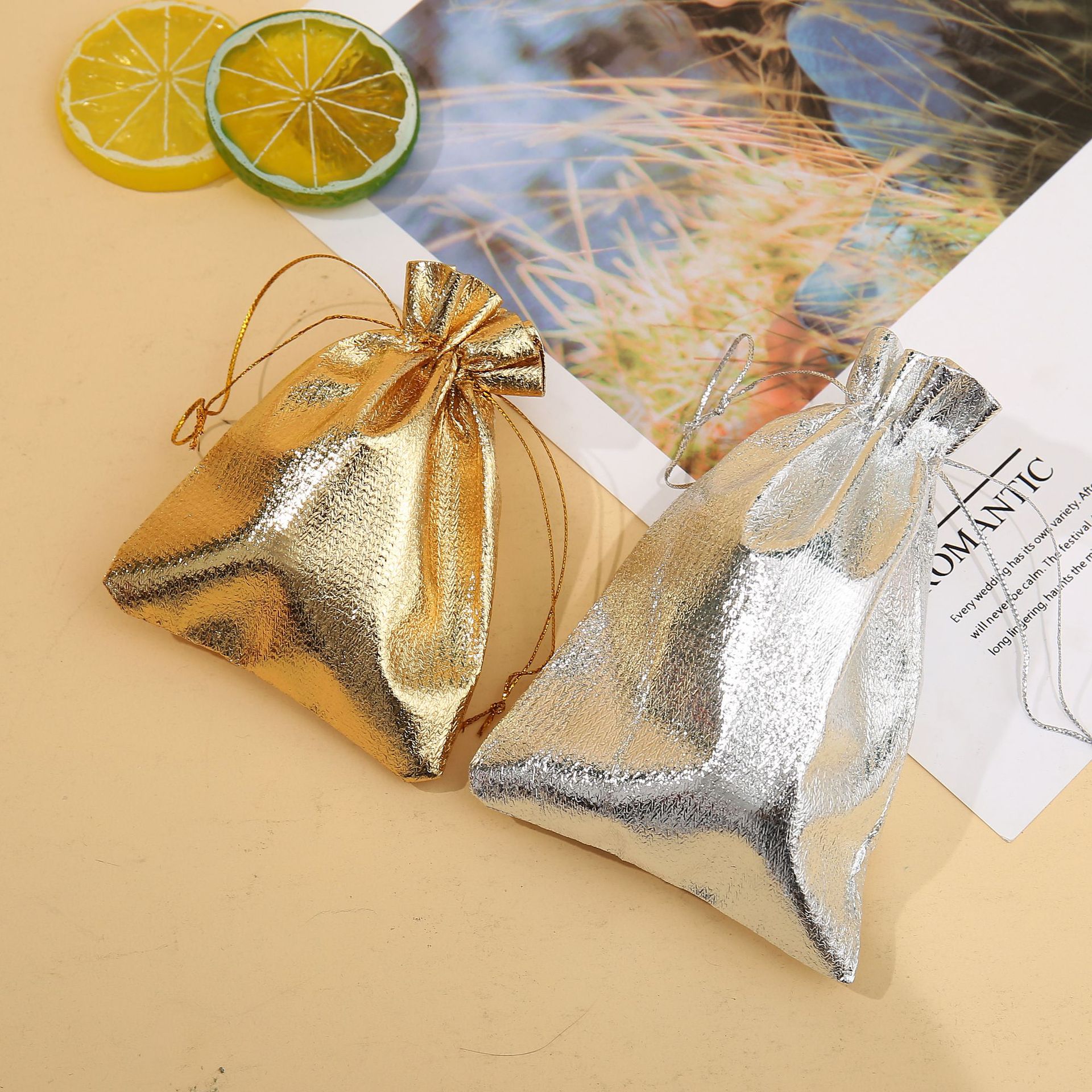 Cloth Drawstring Pouches Gold Silver Mixed Sizes 5pcs 4