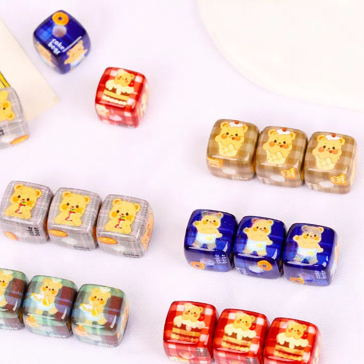 Vintage Plaid Butterbear Printed Acrylic Square Beads 14mm 10pcs 2