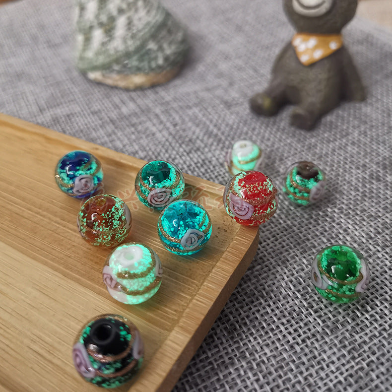 Lampwork Glass Beads Round 8-14mm Glow In The Dark Rose Pattern 1pc