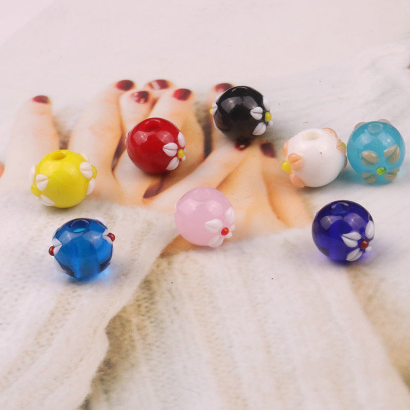 Lampwork Glass Beads Tiny Four Petal Flower Round 12mm 10pcs