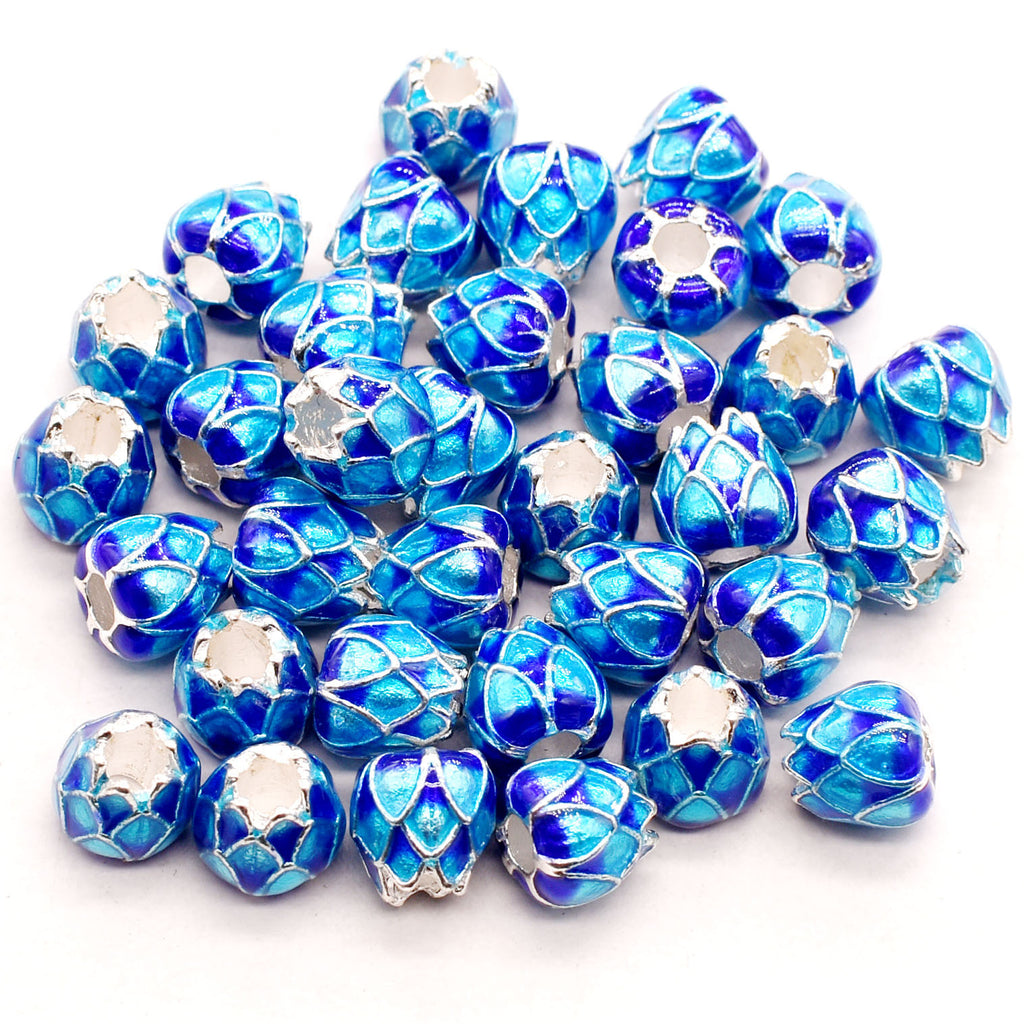 Cloisonne Lotus Metal Beads 9mm Blue Enamel Alloy 10pcs