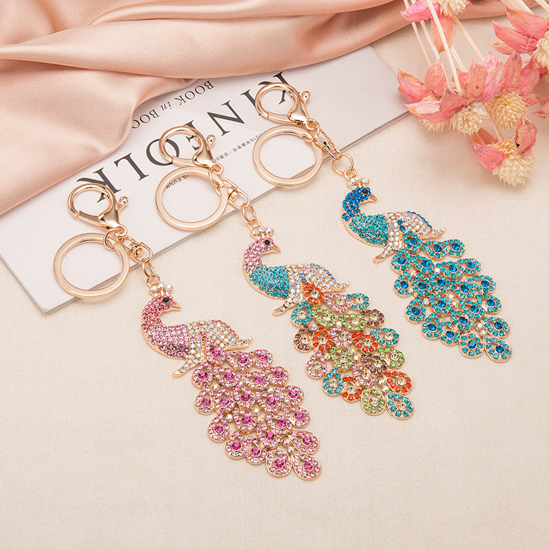 Rhinestone Peacock Keychain Metal Crystal Pink Iridescent Colors 4