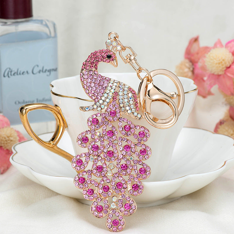 Rhinestone Peacock Keychain Metal Crystal Pink Iridescent Colors