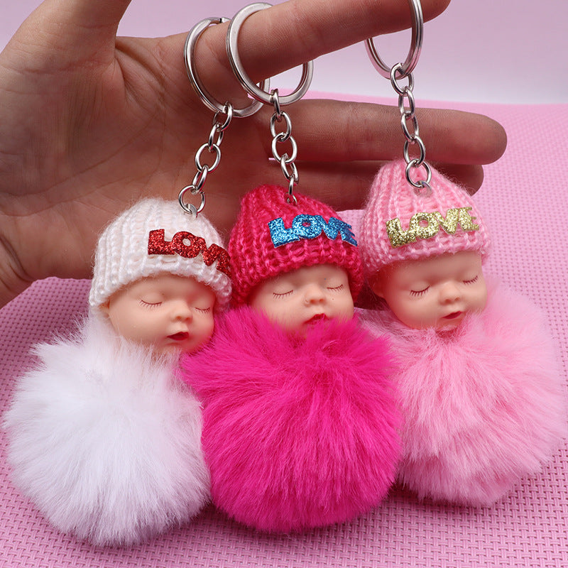 Plush Sleep Doll Keychain Pastel Pom Pom Glitter Love Hat 3