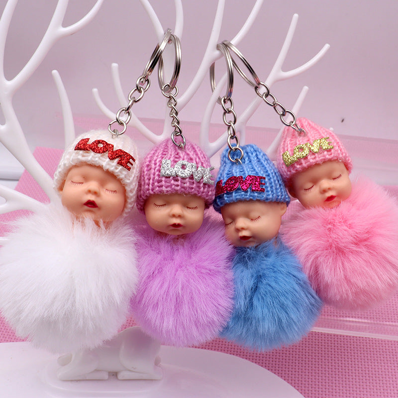 Plush Sleep Doll Keychain Pastel Pom Pom Glitter Love Hat