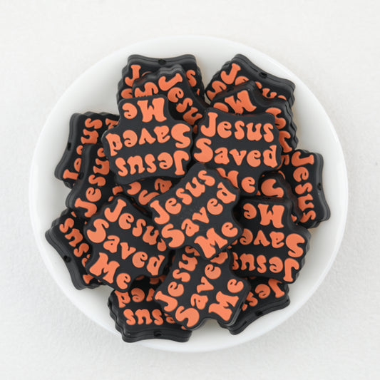 Religious Cross 20Pcs Orange Silicone Focal Beads with Jesus Saved Me