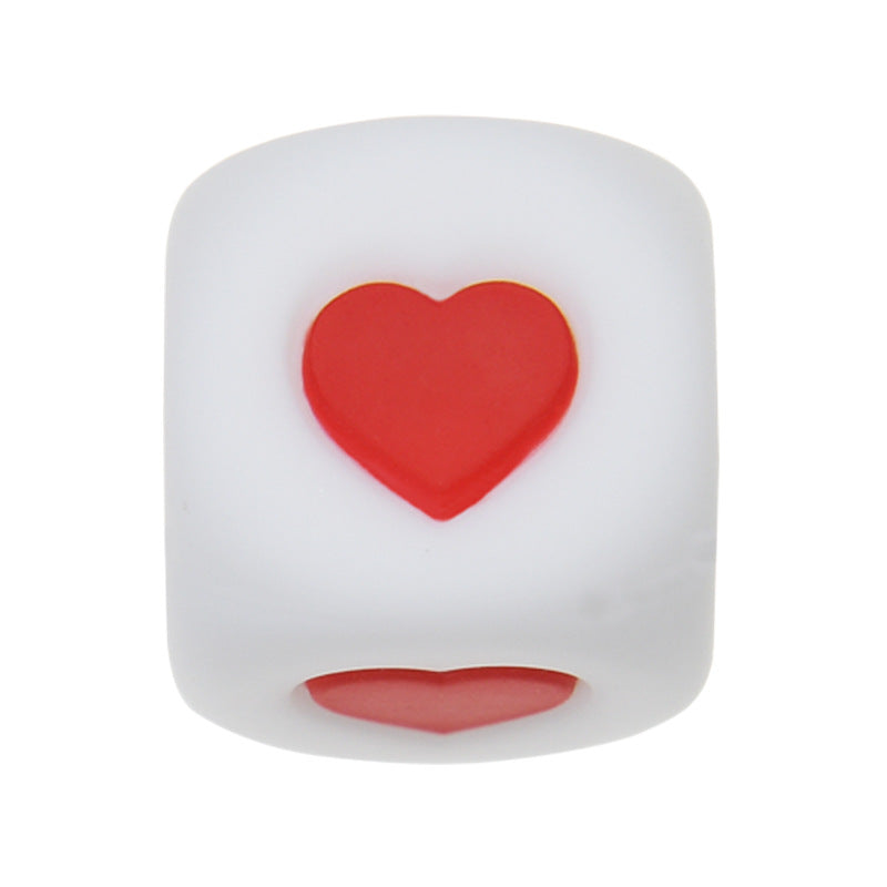 12mm Number Cube Square Silicone Beads Wholesale White Red Heart
