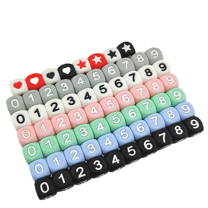 12mm Cube Silicone Beads Number Print Matte Solid Colors 20pcs 2