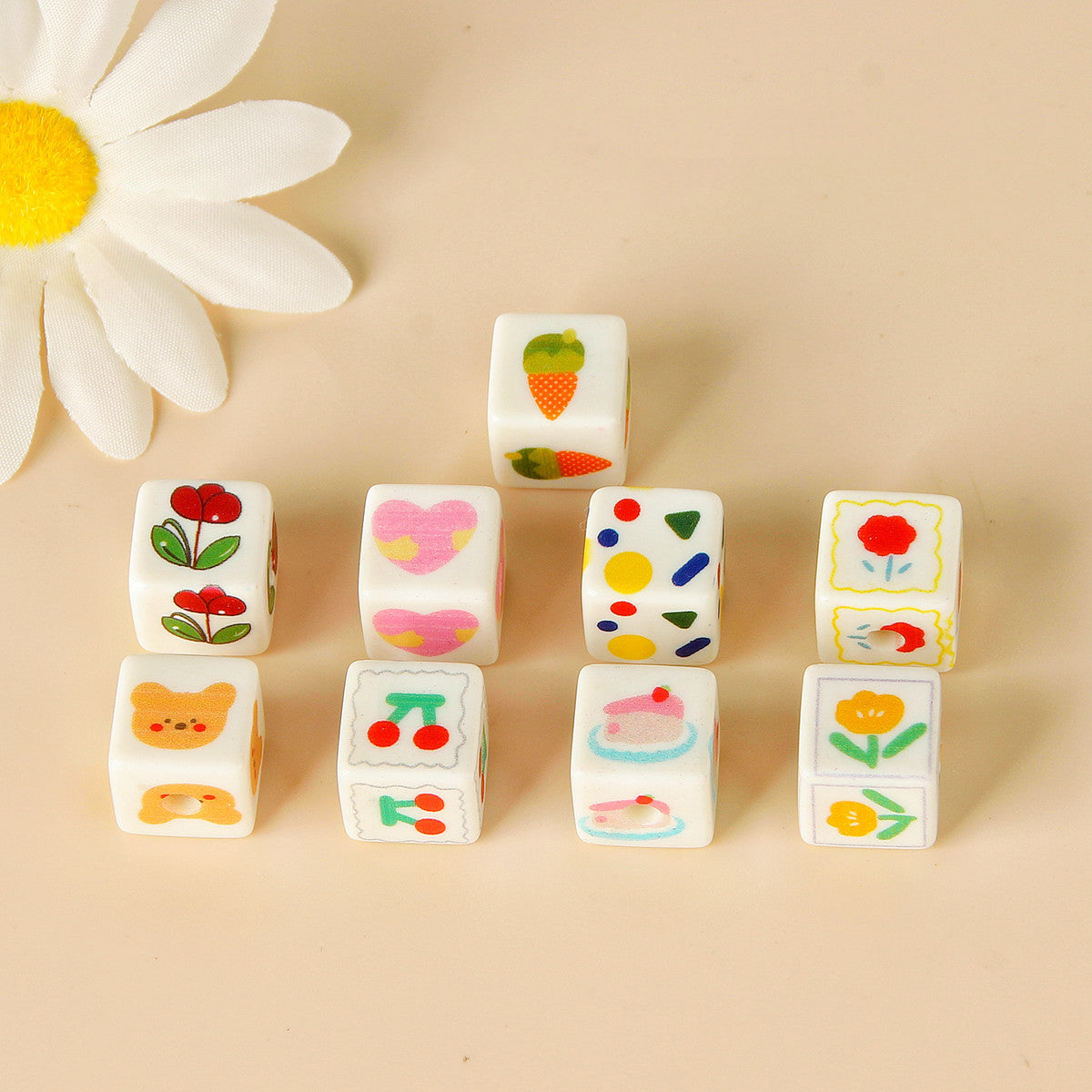 Cream Cartoon Printed Square Acrylic Beads 14mm 20pcs 7