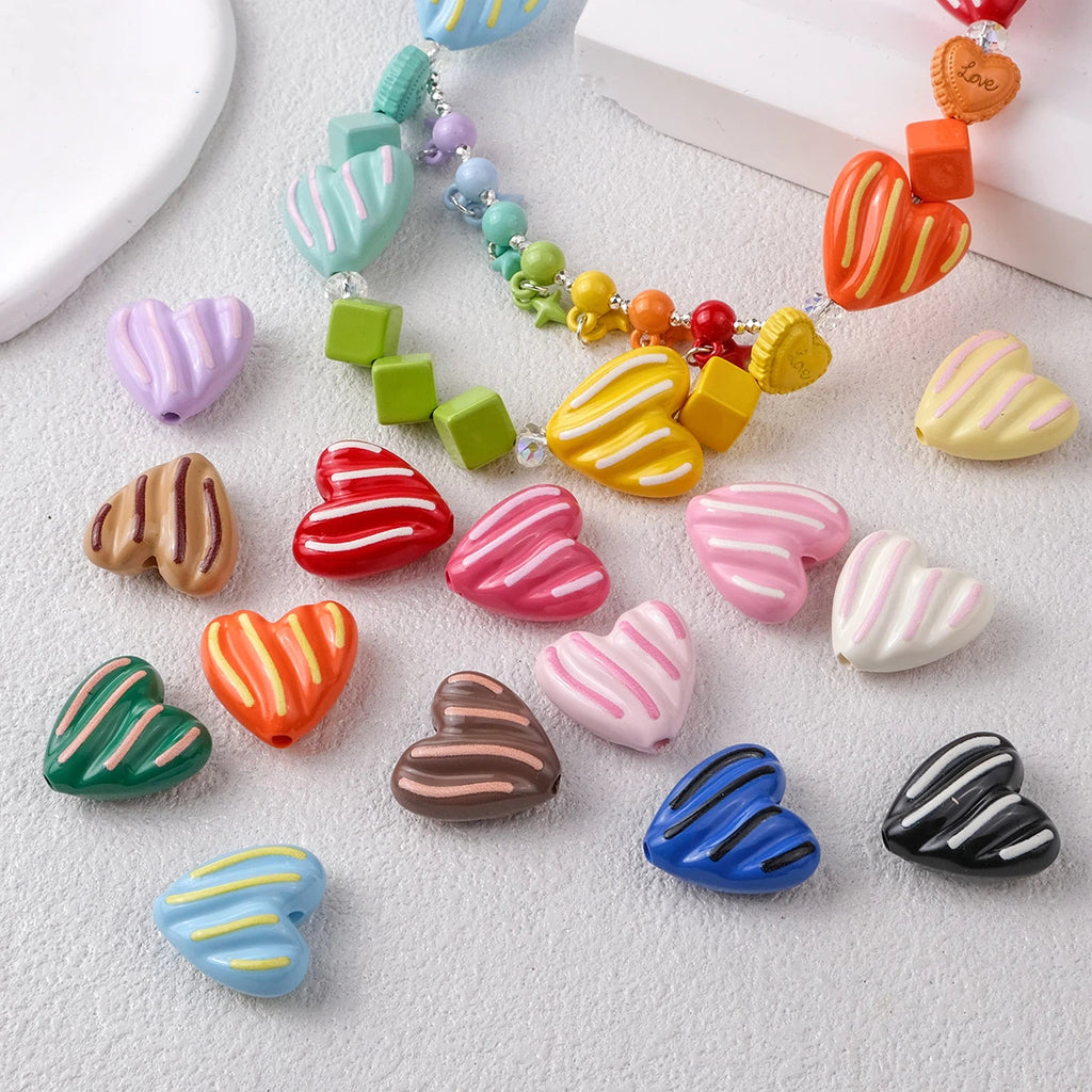 Wavy Stripe Heart Acrylic Beads 19mm Colorful Mixed 20pcs