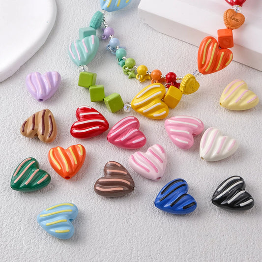Wavy Stripe Heart Acrylic Beads 19mm Colorful Mixed 20pcs