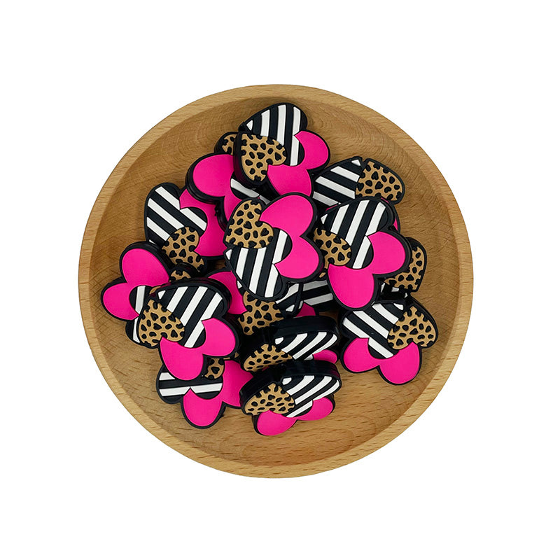 Silicone Focal Beads Three Loves Heart Stripes Leopard Print 20pcs 2