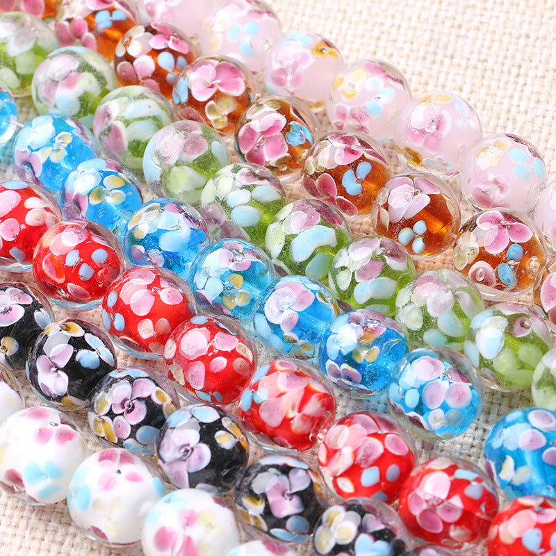 Lampwork Glass Beads Round 12mm 14mm Antique Floral Pattern 10pcs