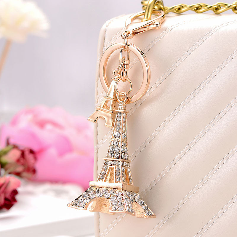 Rhinestone Paris Tower Keychain Gold Tone Metal Zinc Alloy