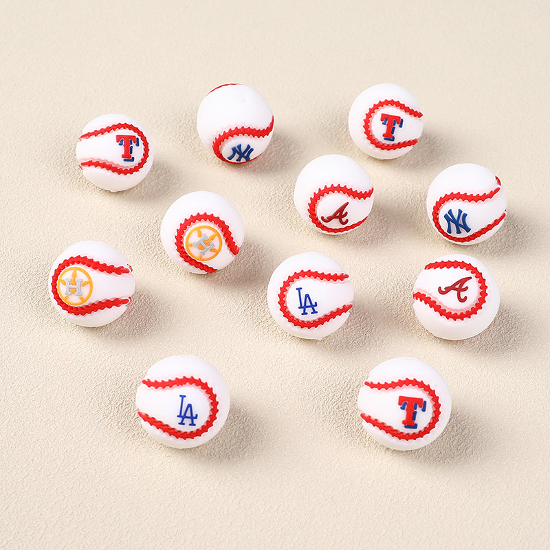 Silicone 3D Focal Beads Baseball Team Bright Red Stitches Team Initials 20pcs 6
