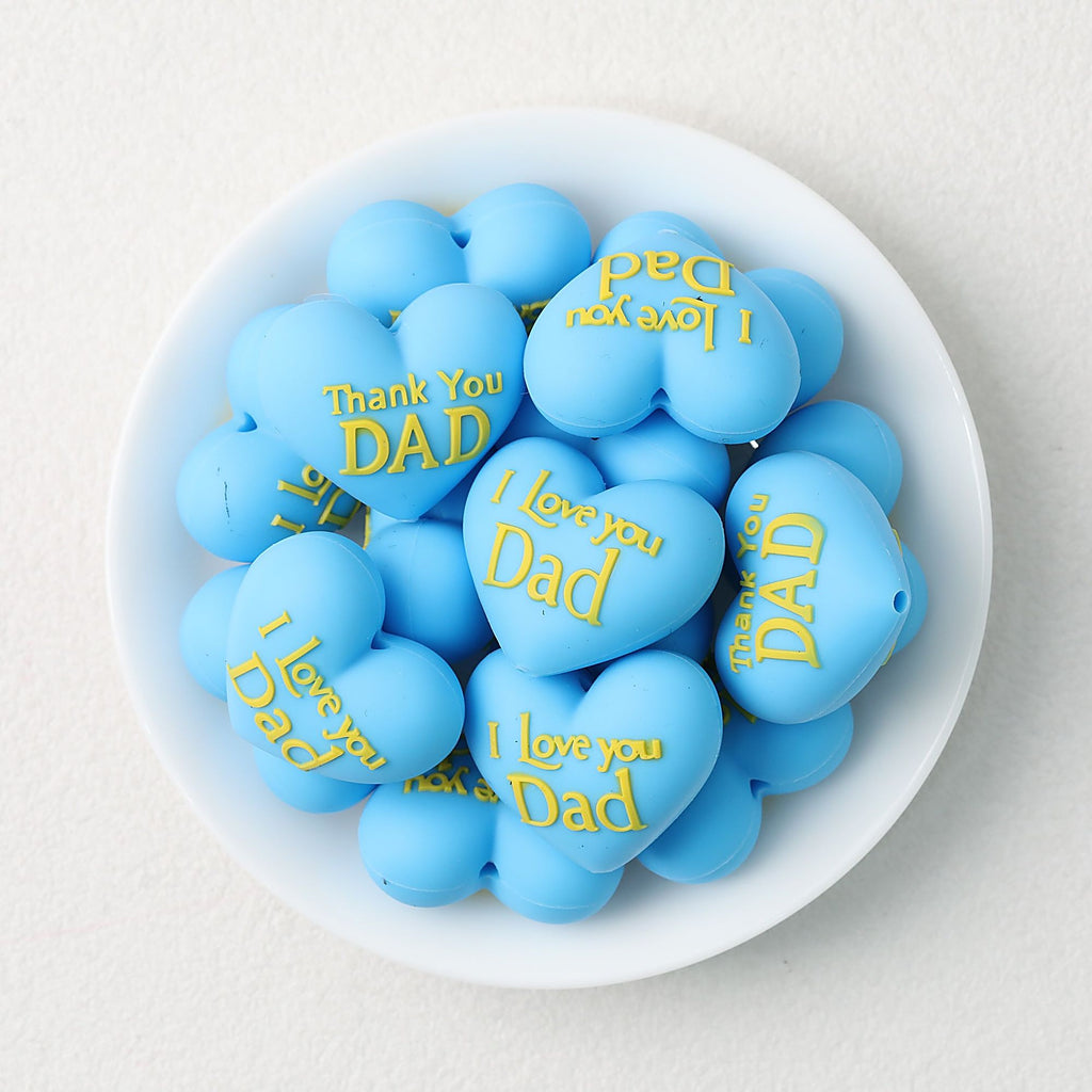 Father's Day 3D Heart Silicone Focal Beads Blue 20pcs