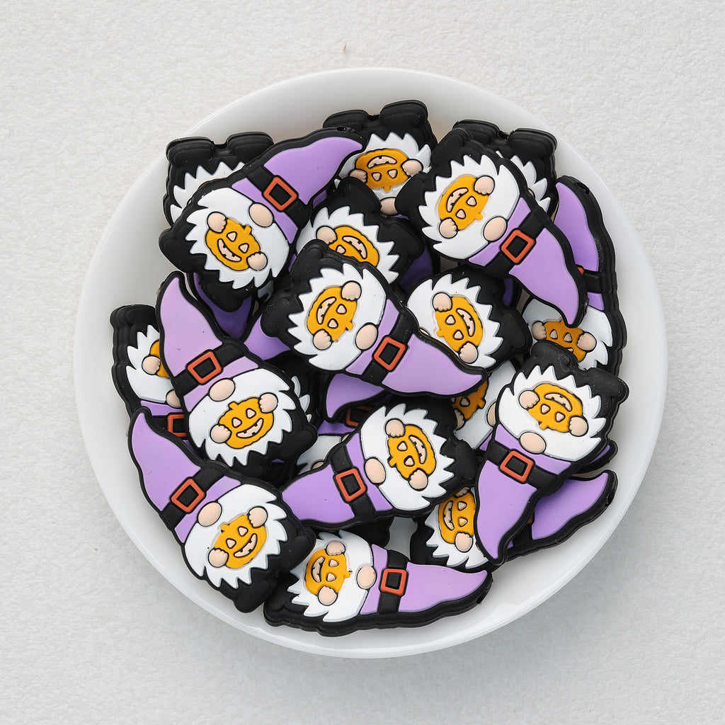 Purple Gnome Silicone Focal Beads Wholesale, Halloween Pumpkin with Witch Hat and Jack-o-Lantern Face