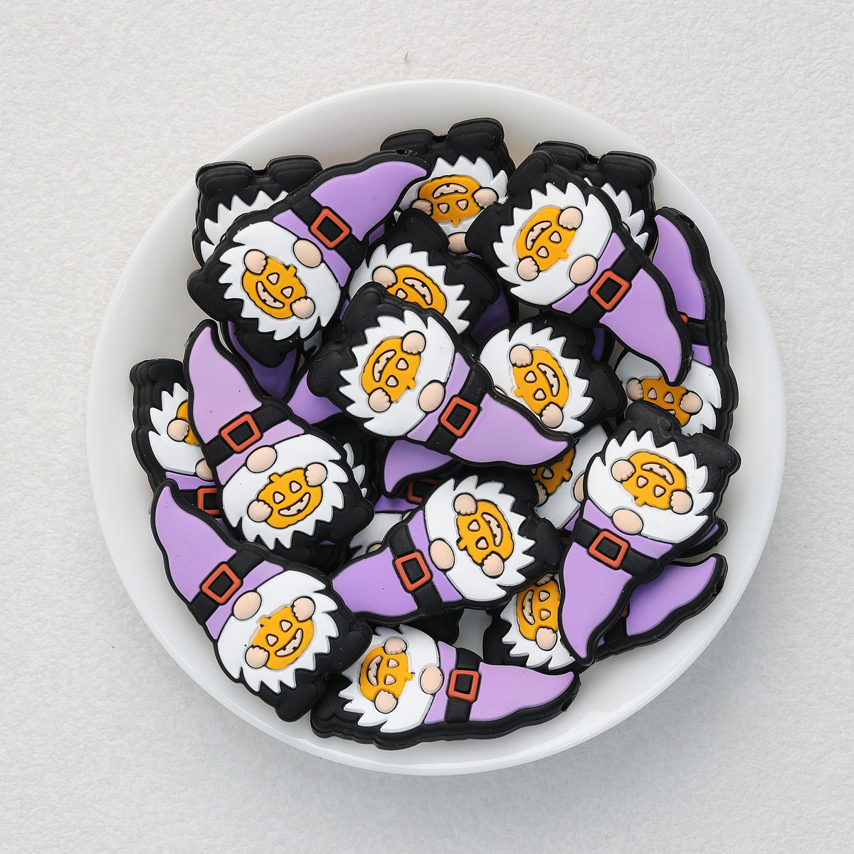 Purple Gnome Silicone Focal Beads Wholesale, Halloween Pumpkin with Witch Hat and Jack-o-Lantern Face