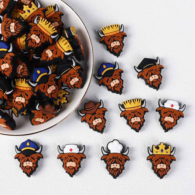 Silicone Focal Beads Highland Cattle Wearing Police Hat Crown 20pcs 10