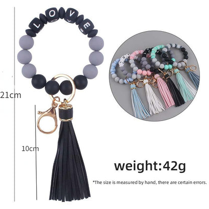 Silicone Bead LOVE Wristlet Keychain with Tassel Charm 5