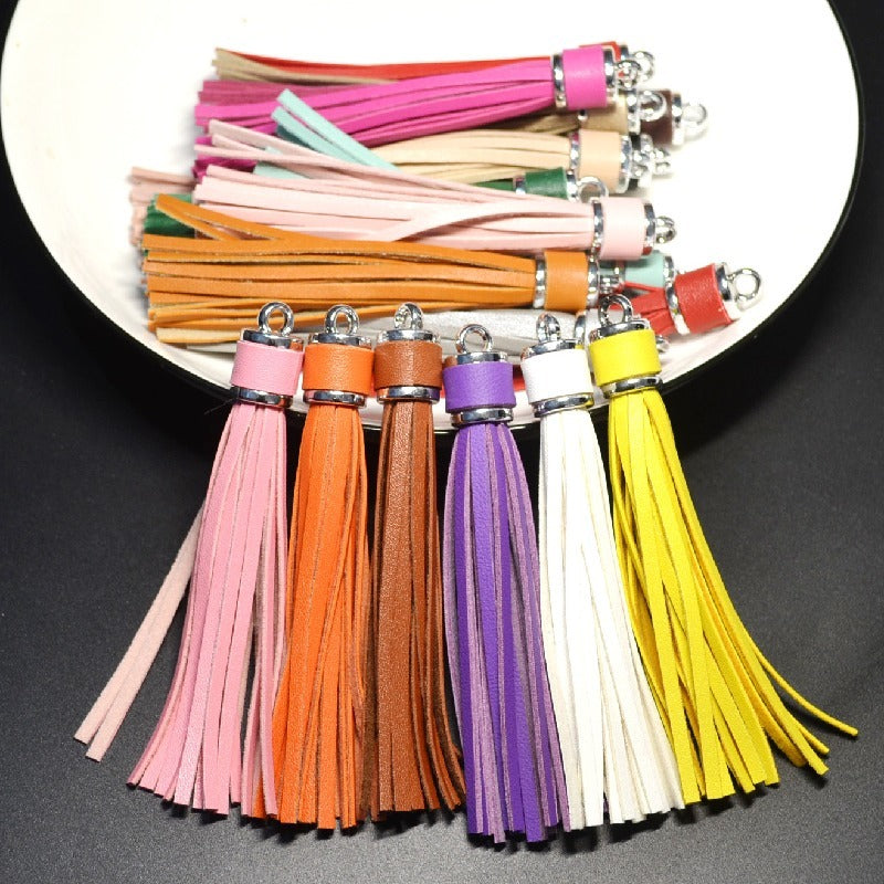 Silver PU Leather Tassel Keychain Metallic 9cm Length 4