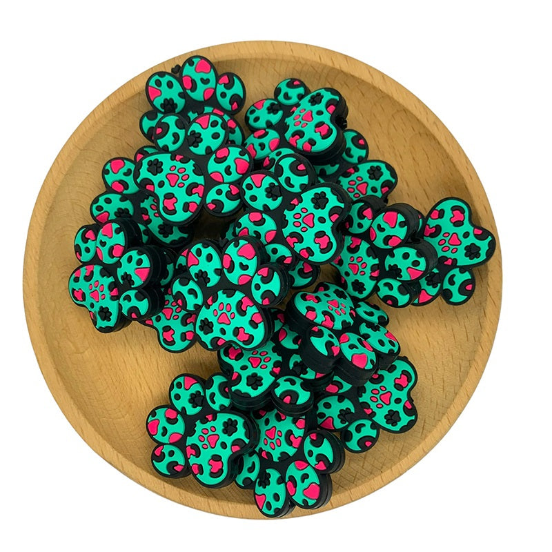 Silicone Focal Beads Paw Prints Turquoise and Pink Pattern 20pcs 2