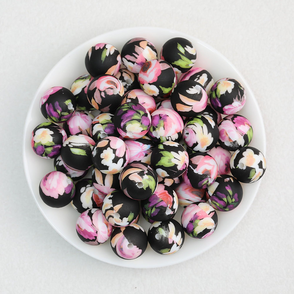 15mm Floral Printed Round Silicone Beads Detailed Design 50pcs - Man Yu