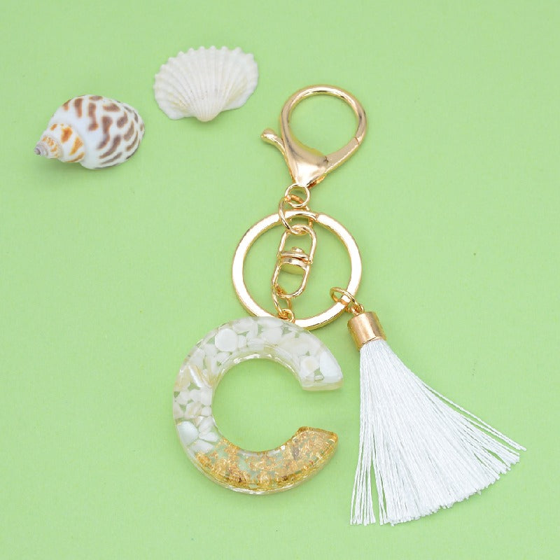 Tassel Letter A Keychain Resin Gold Flakes White Tassel 4