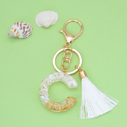 Tassel Letter A Keychain Resin Gold Flakes White Tassel 4