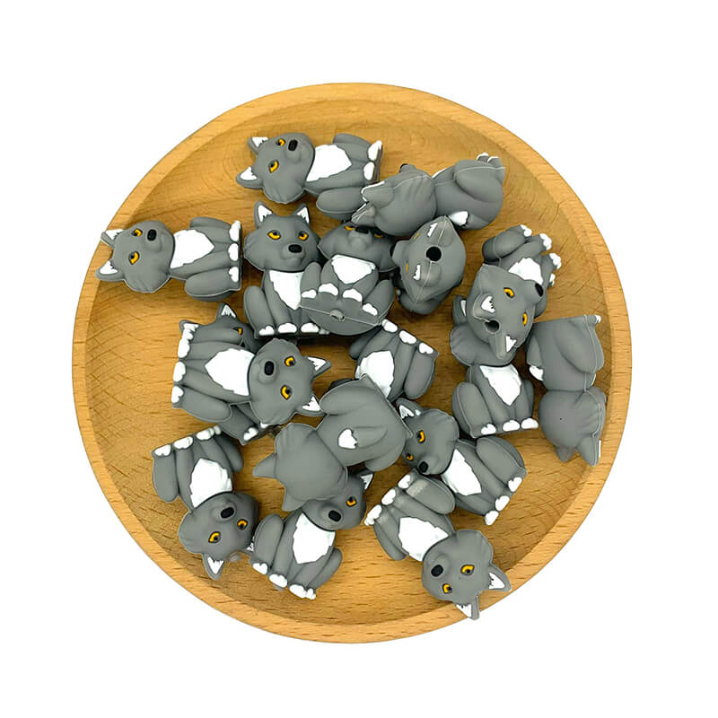 Silicone 3D Focal Beads Grey Wolf Amber Eyes Sitting Pose 2