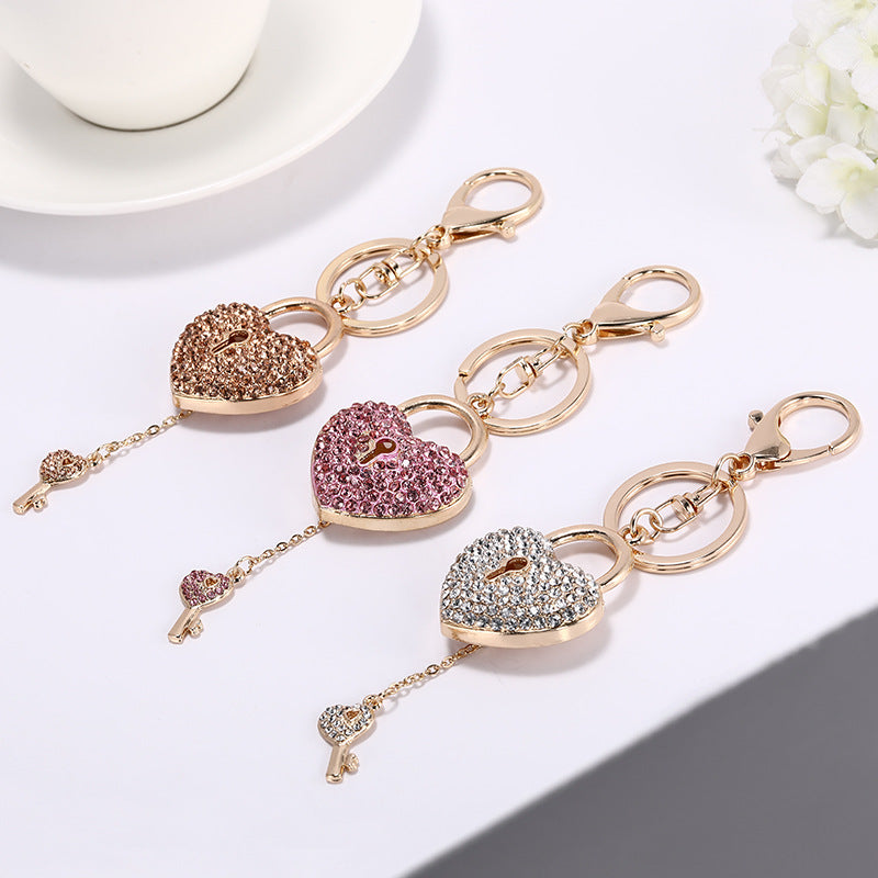 Crystal Studded Heart Keychain with Keyhole Charm Zinc Alloy