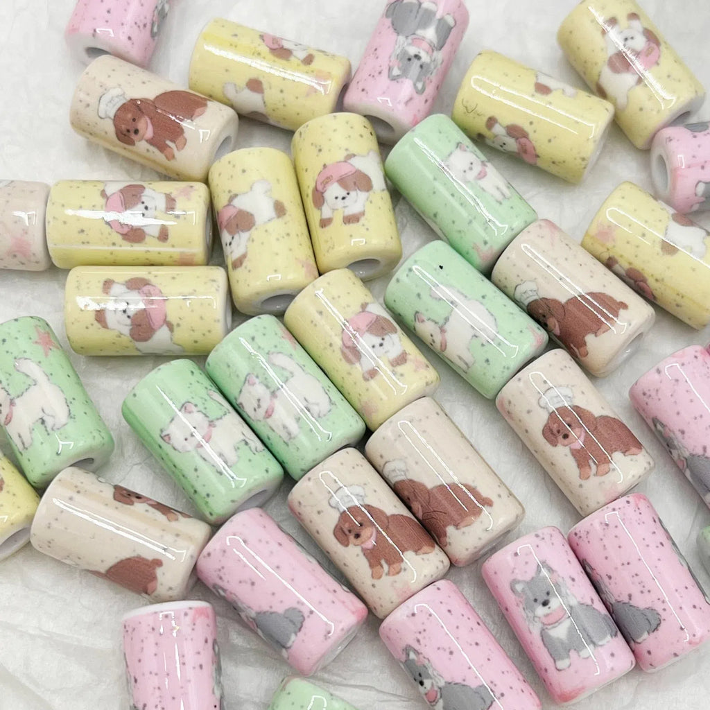 Spring Acrylic Tube Beads 18mm Cute Puppy Printed Glossy 10pcs 4