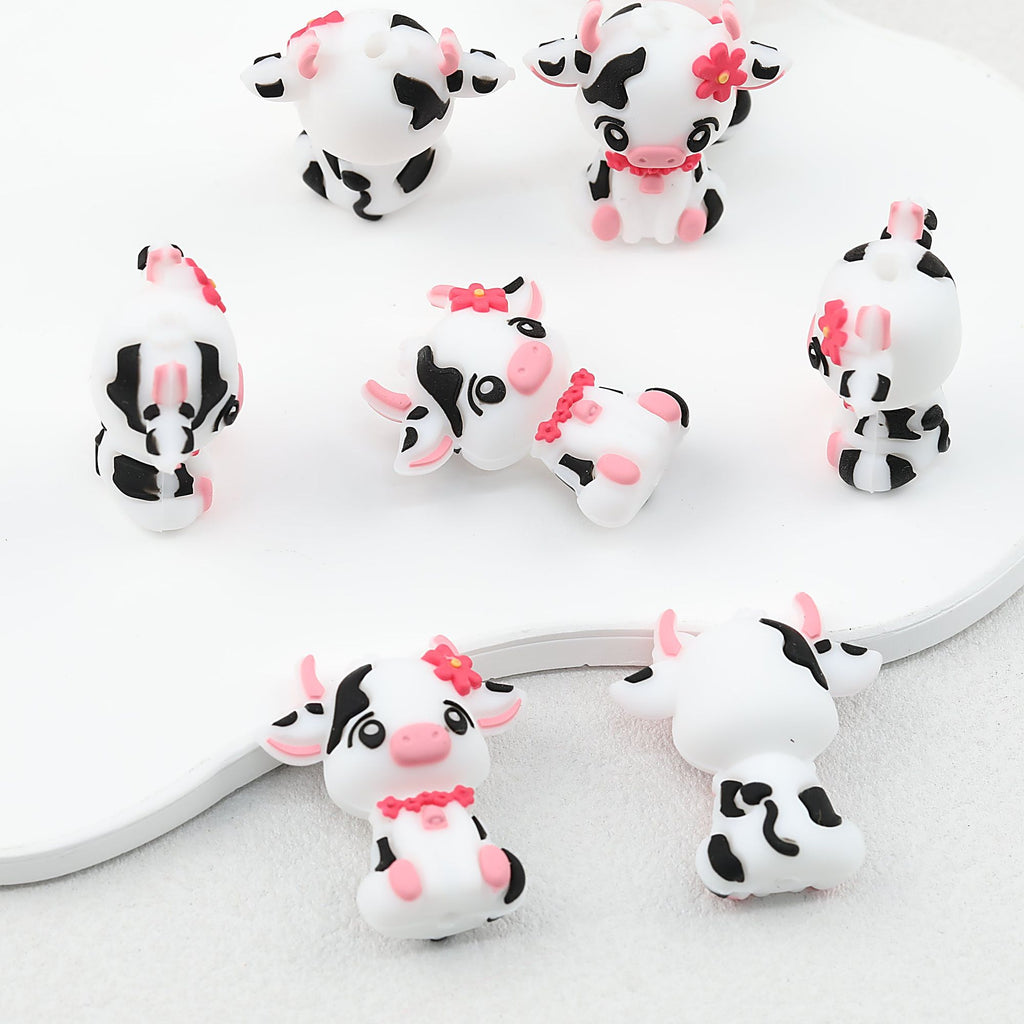 Cute Cow 3D Silicone Focal Beads with Pink Flower 20pcs