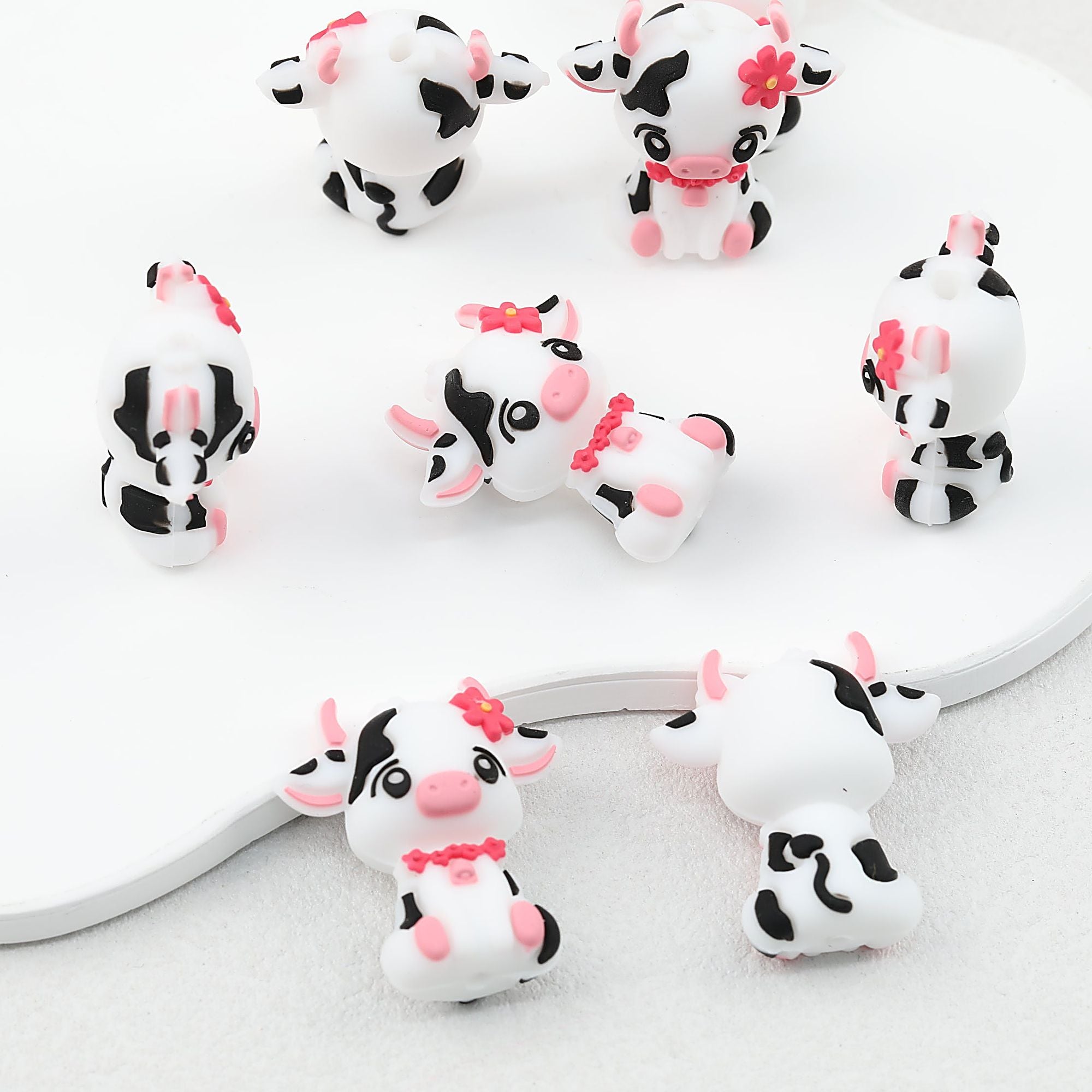 Cute Cow 3D Silicone Focal Beads with Pink Flower 20pcs