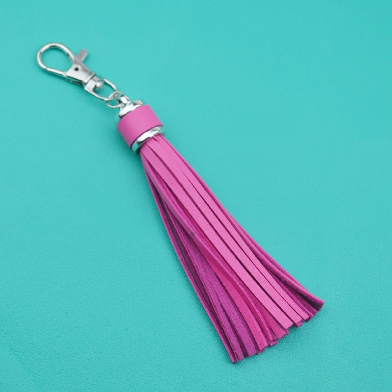 PU Leather Tassel Keychain 9cm Strips Silver Lobster Clasp 31