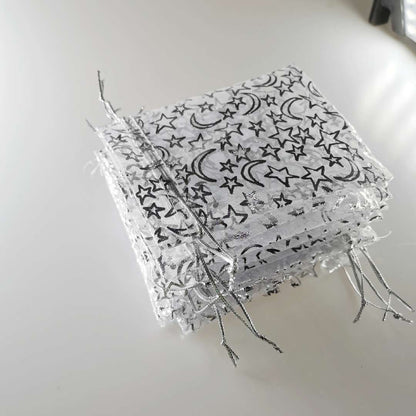 Organza Drawstring Bags Silver Star Moon Pattern 10x12cm 100pcs