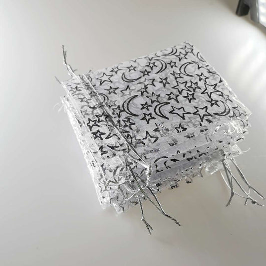 Organza Drawstring Bags Silver Star Moon Pattern 10x12cm 100pcs