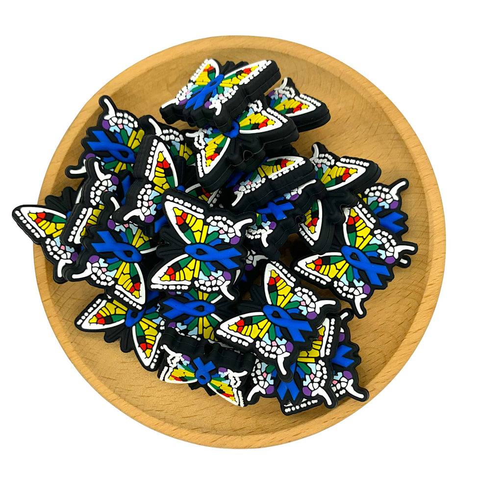 Silicone Focal Beads Ribbon Butterfly With Blue Ribbon Center 20pcs 2