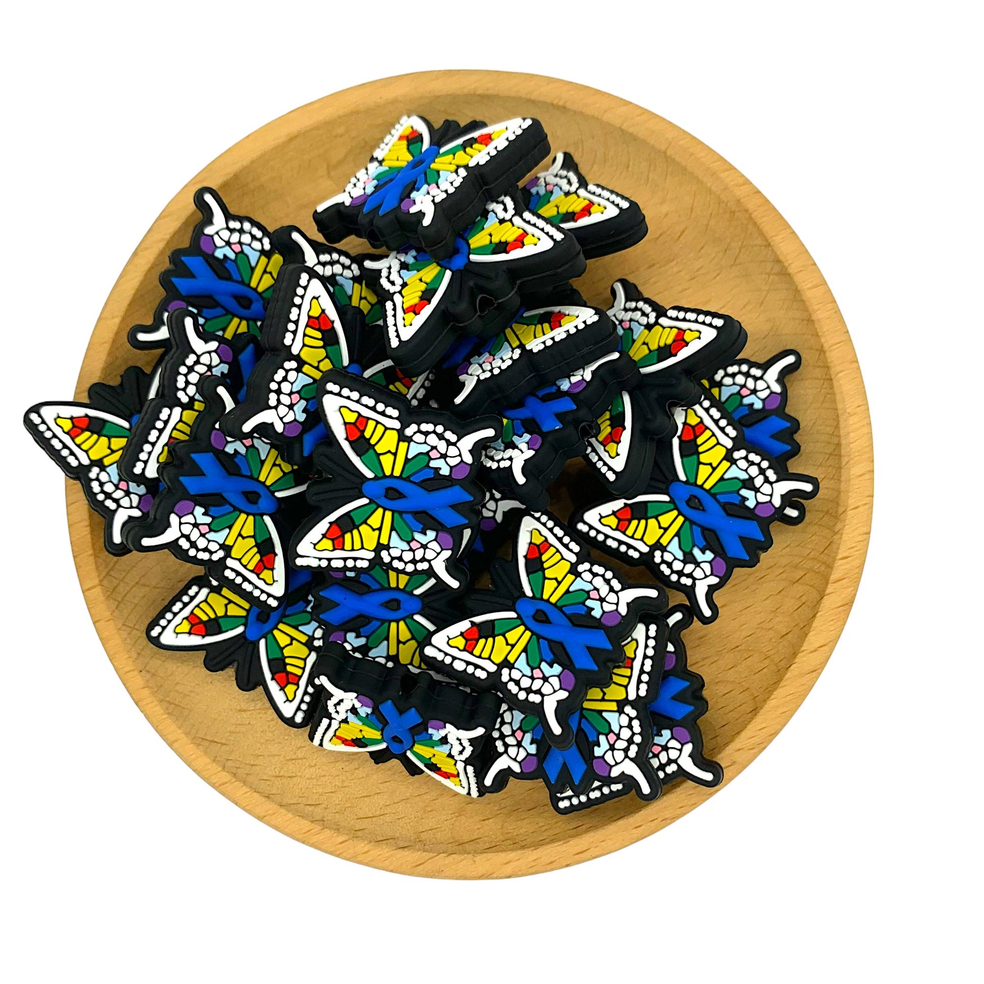 Silicone Focal Beads Ribbon Butterfly With Blue Ribbon Center 20pcs 2