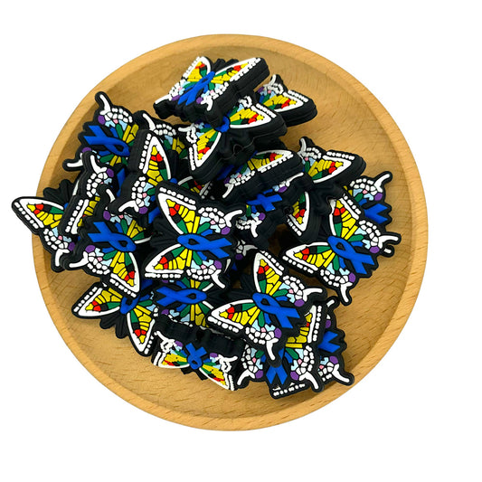 Silicone Focal Beads Ribbon Butterfly With Blue Ribbon Center 20pcs 2