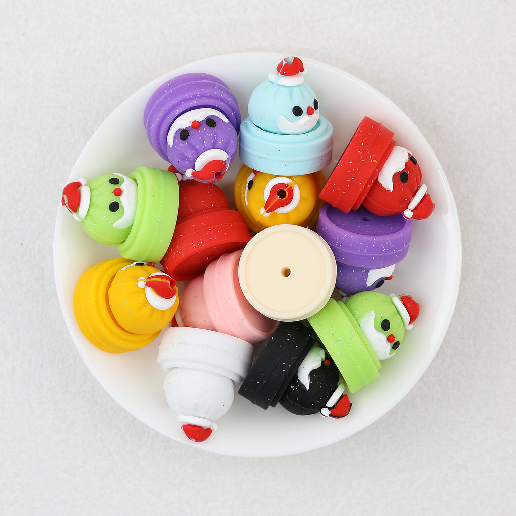 3D Glitter Santa Silicone Focal Beads Wholesale, Christmas Colorful Steamer Basket Bun Design