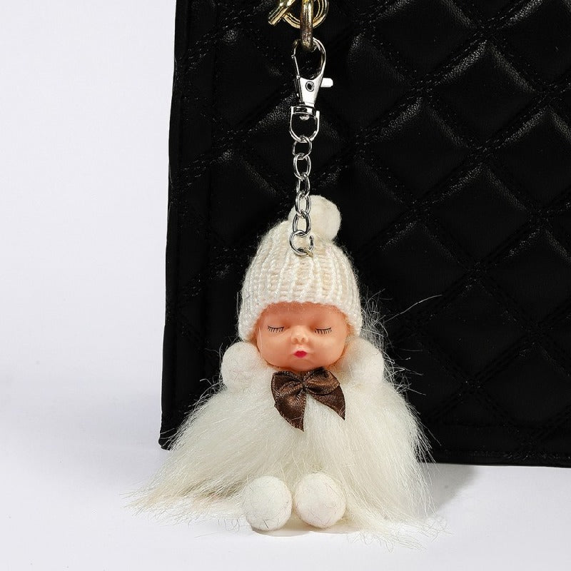 Plush Sleep Doll Keychain Soft Pom Pom Body Knitted Hat Zinc Alloy 3