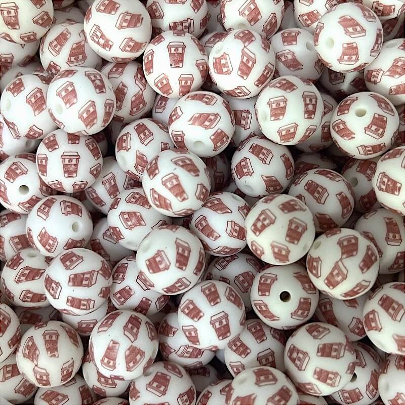15mm Silicone Beads Coffee Cup Print 50pcs