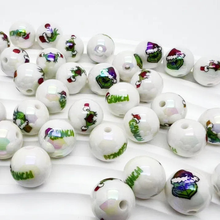 UV Plating Acrylic Beads 16mm Christmas Grinch Printed 50pcs